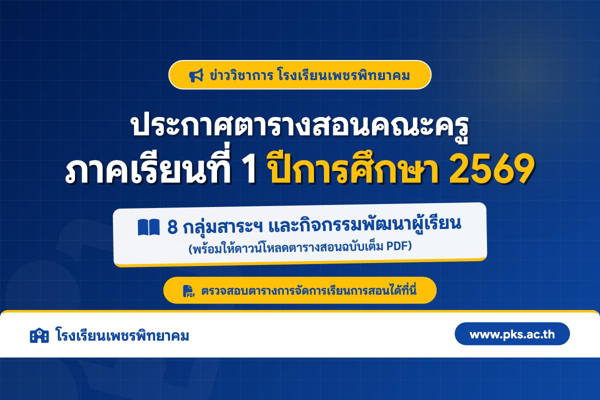 ตารางสอนครู โรงเรียนเพชรพิทยาคม 8 กลุ่มสาระฯ และกิจกรรมพัฒนาผู้เรียน ภาคเรียนที่ 1 ปีการศึกษา 2569