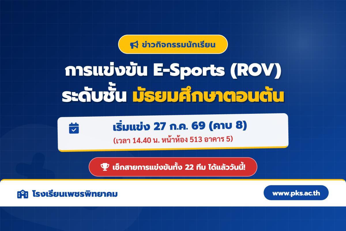 ประกาศรายชื่อ 22 ทีแข่งขัน และสายการแข่งขัน E-Sports 2569 (ROV) ระดับมัธยมศึกษาตอนต้น โรงเรียนเพชรพิทยาคม เริ่มแข่ง 27 ก.ค. นี้ เวลา 14.40 น.เป็นต้นไป