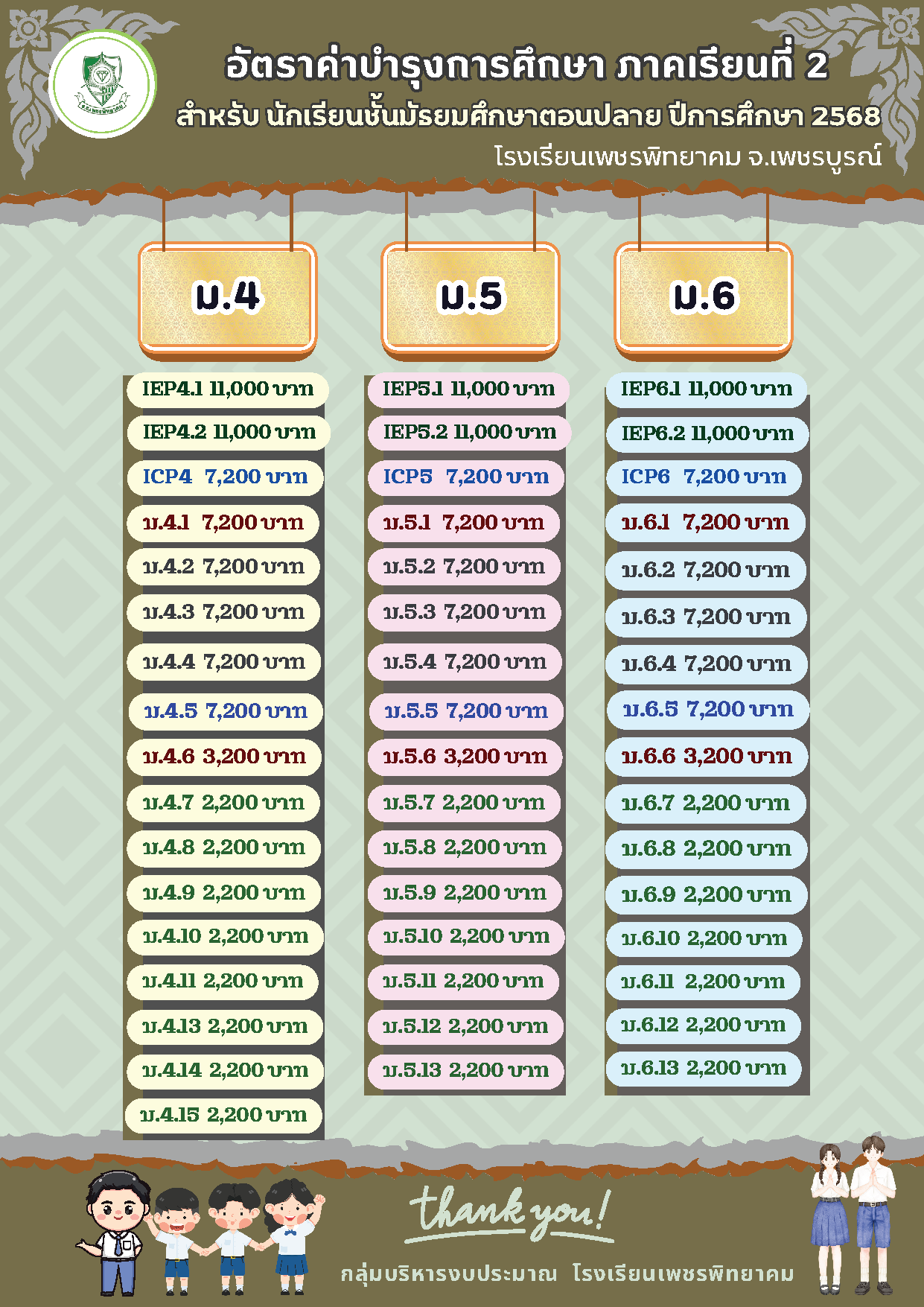 อัตราค่าบำรุงการศึกษา ภาคเรียนที่ 2/2568 นักเรียนระดับมัธยมศึกษาตอนปลาย