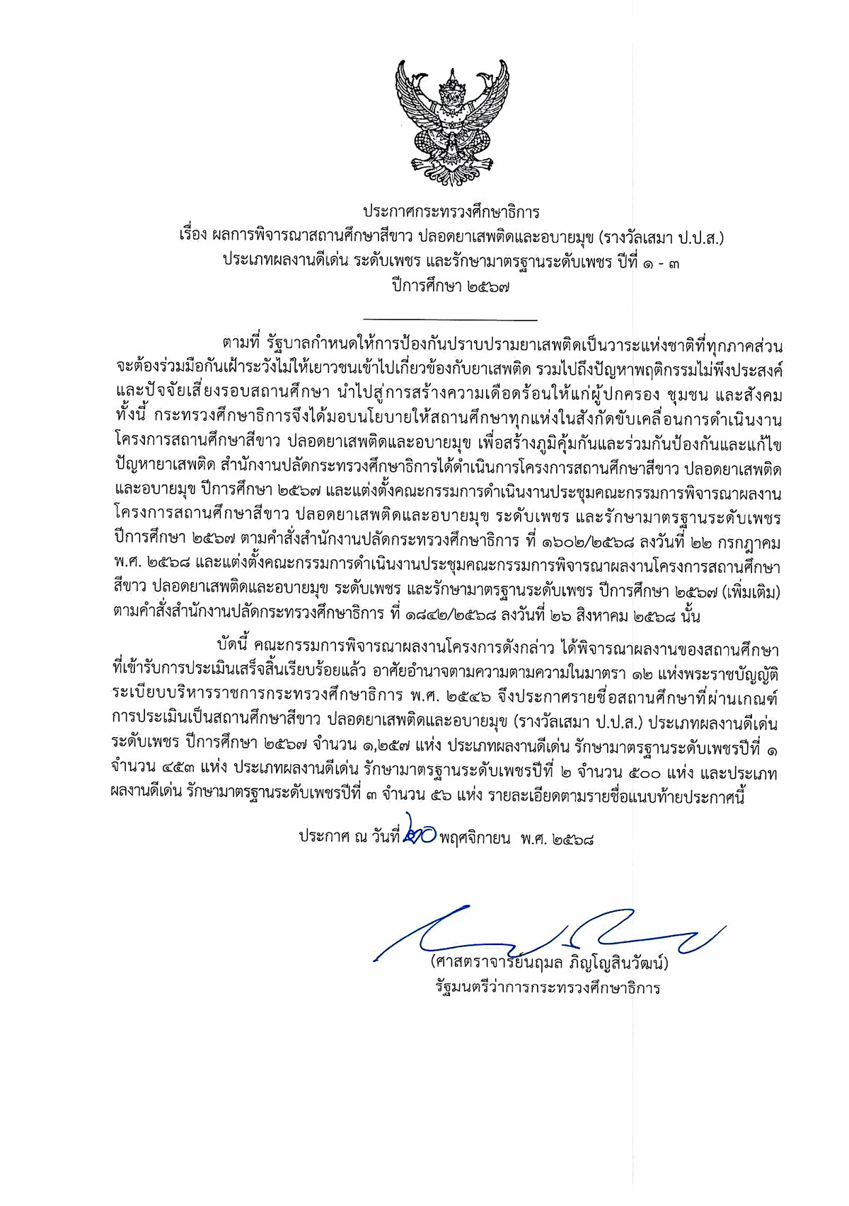 โรงเรียนเพชรพิทยาคมได้รับรางวัลสถานศึกษาสีขาว ปลอดยาเสพติดและอบายมุข