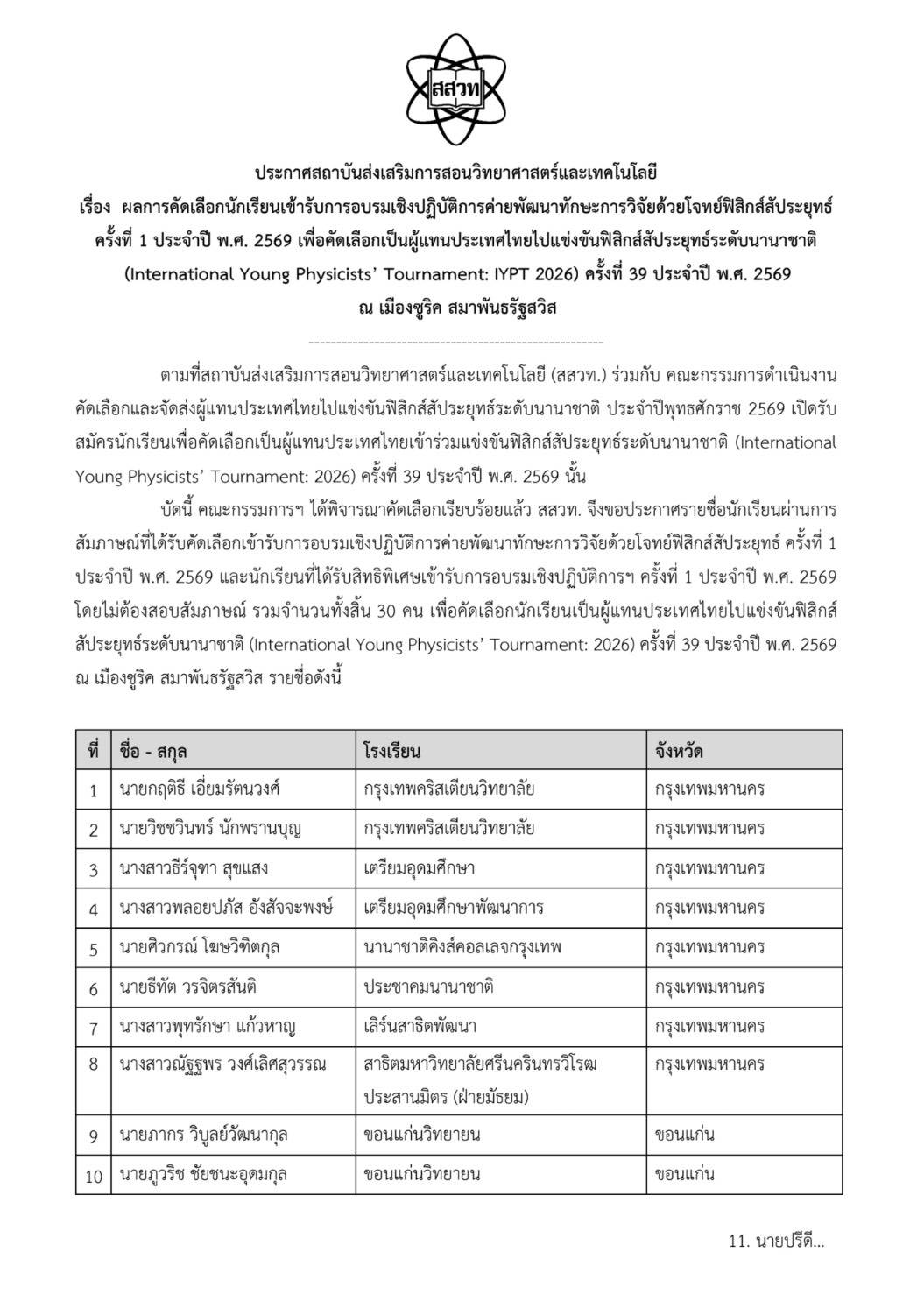 แสดงความยินดีกับ นายเตชิต เจสซี่ ฮัฟแมน IYPT 2026