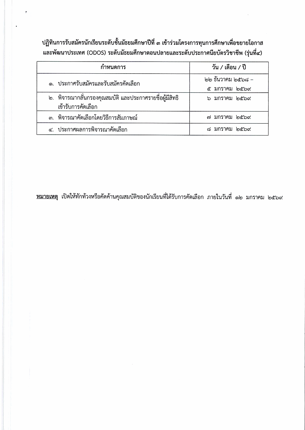 ปฏิทินการรับสมัครทุน ODOS