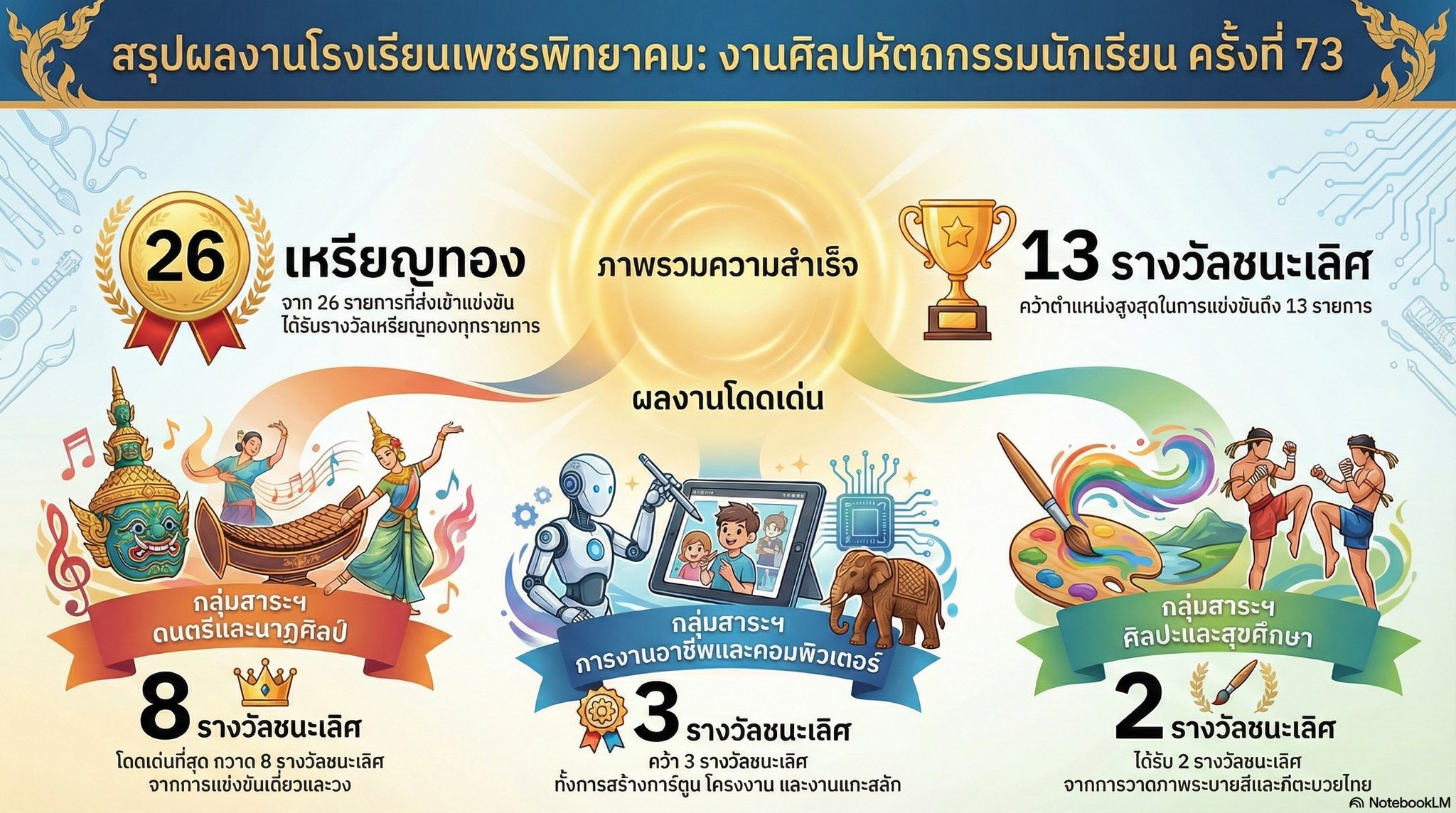 ตารางสรุปผลการแข่งขันงานศิลปหัตถกรรมนักเรียน ครั้งที่ 73 โรงเรียนเพชรพิทยาคม