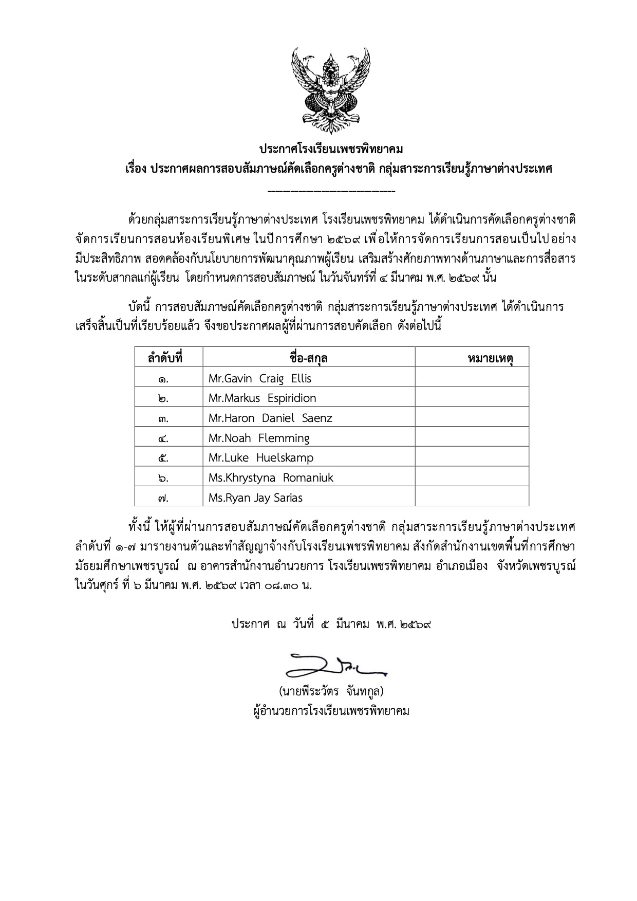 ประกาศผลการคัดเลือกครูต่างชาติ