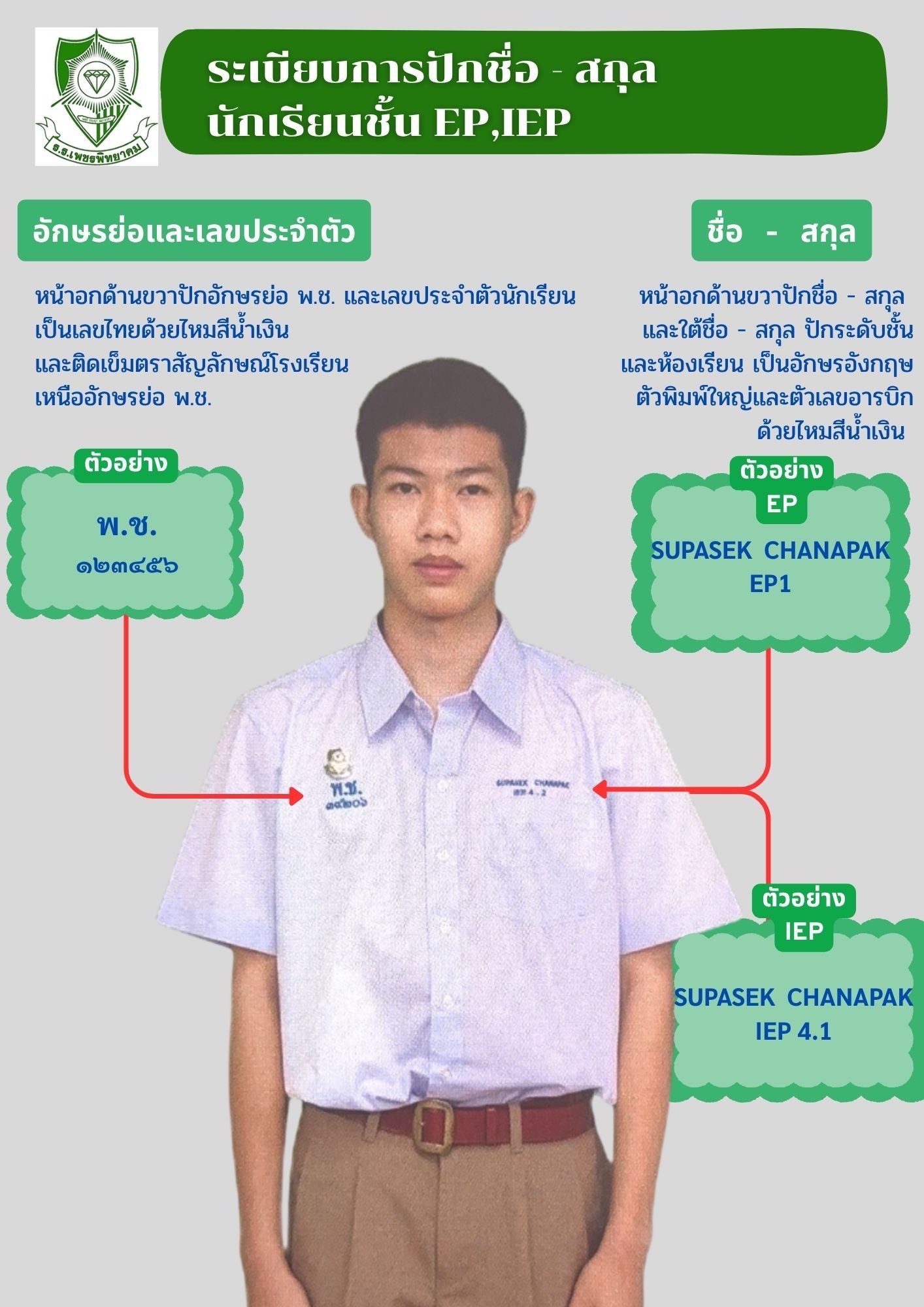 ระเบียบการปักเสื้อนักเรียน EP IEP เพชรพิทยาคม