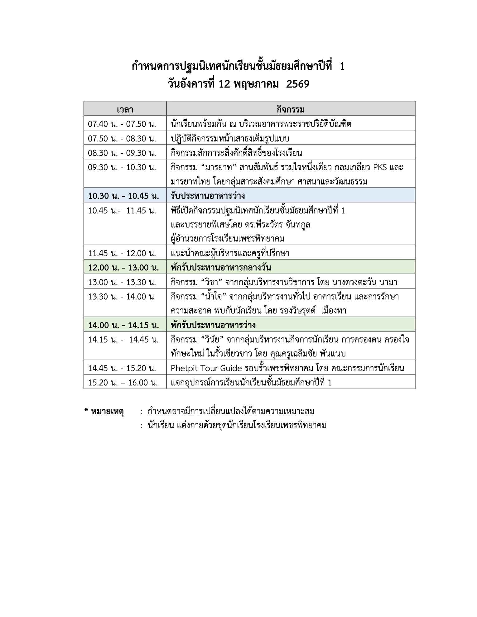 กำหนดการปฐมนิเทศนักเรียนชั้นมัธยมศึกษาปีที่ 1