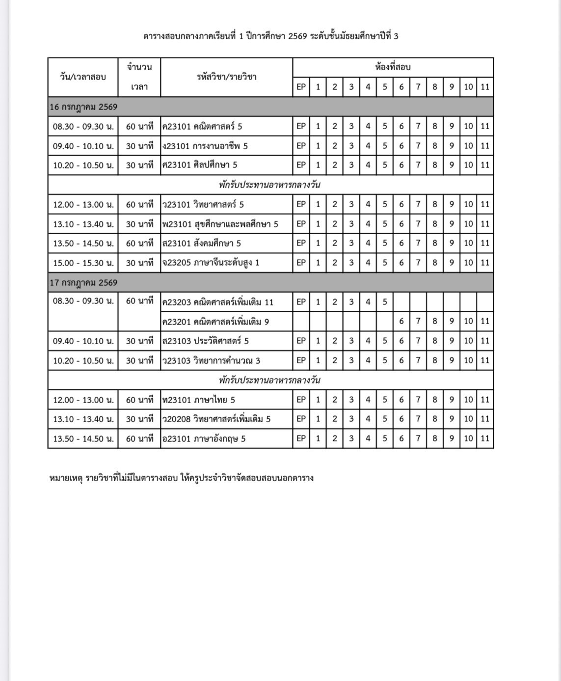 ตารางสอบกลางภาคเรียนที่ 1/2569 โรงเรียนเพชรพิทยาคม ภาพที่ 3