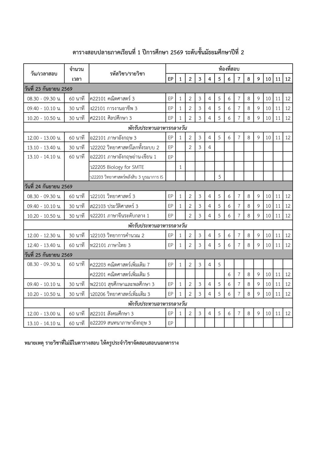 ตารางสอบปลายภาค ม.2 ภาคเรียนที่ 1/2569
