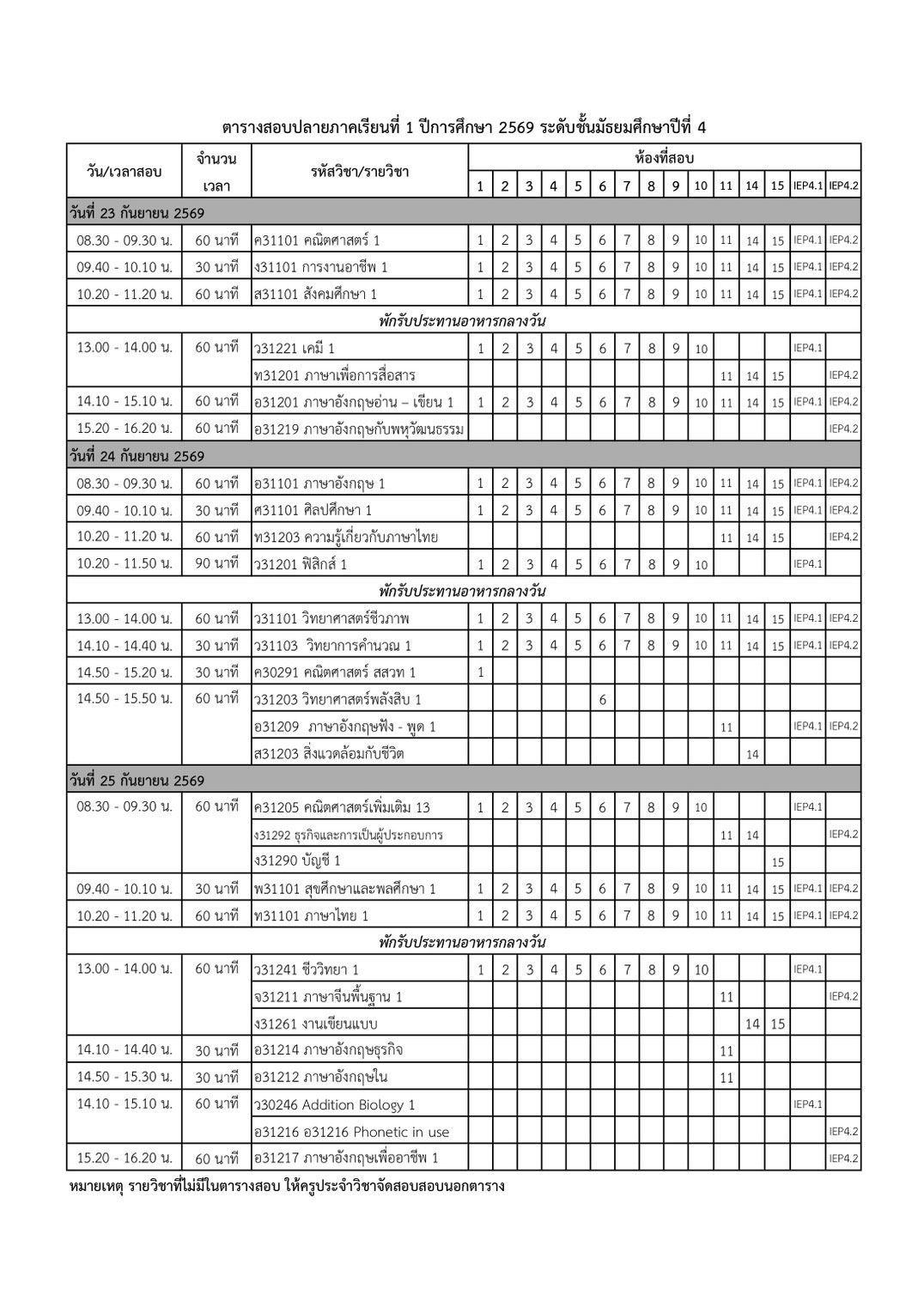 ตารางสอบปลายภาค ม.4 ภาคเรียนที่ 1/2569