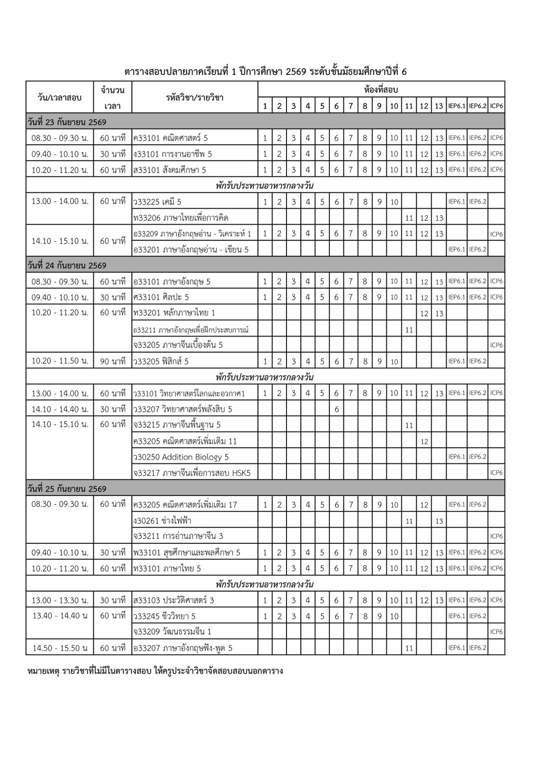ตารางสอบปลายภาค ม.6 ภาคเรียนที่ 1/2569