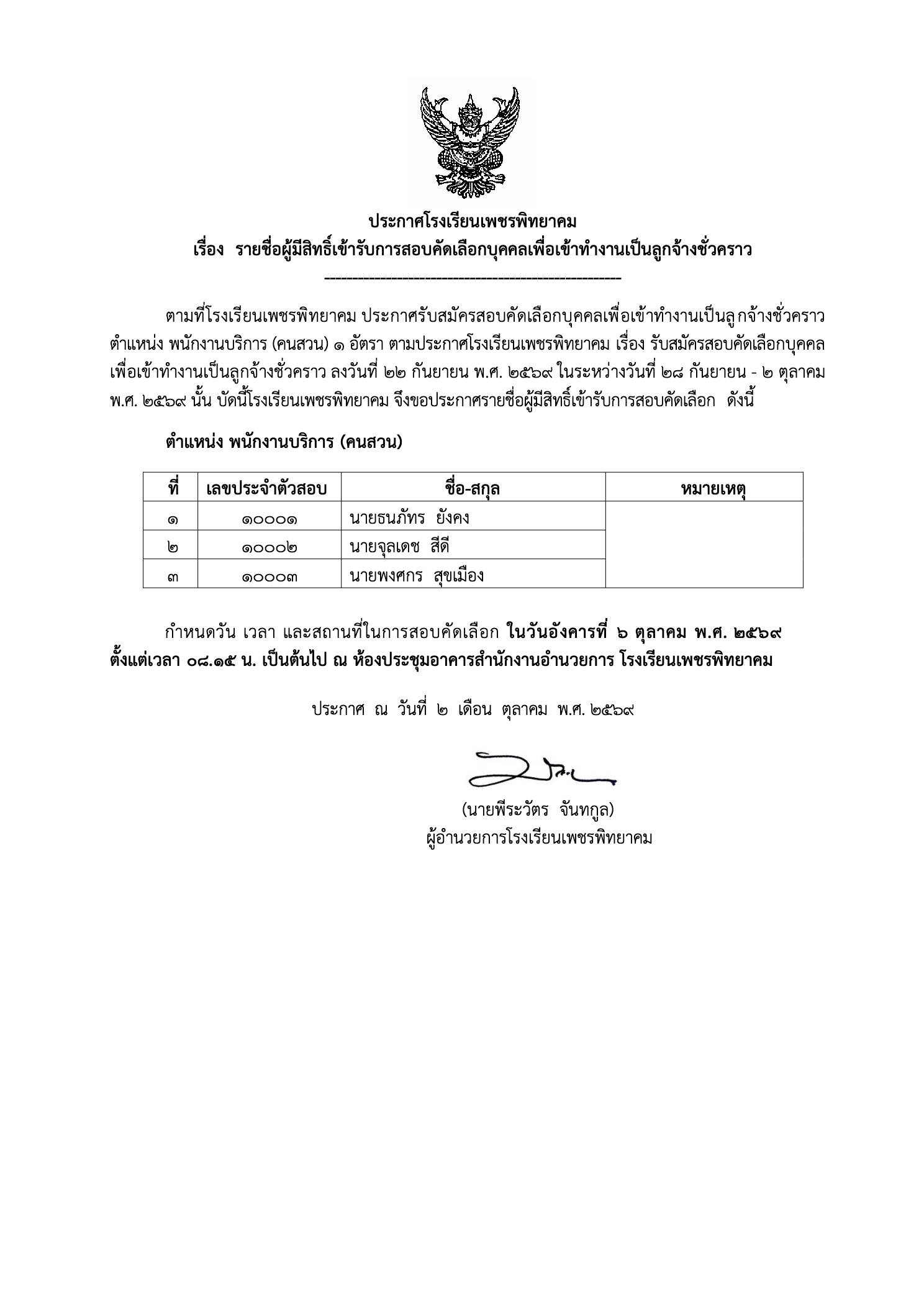 ประกาศรายชื่อผู้มีสิทธิ์สอบคัดเลือกลูกจ้างชั่วคราว ตำแหน่งพนักงานบริการ คนสวน