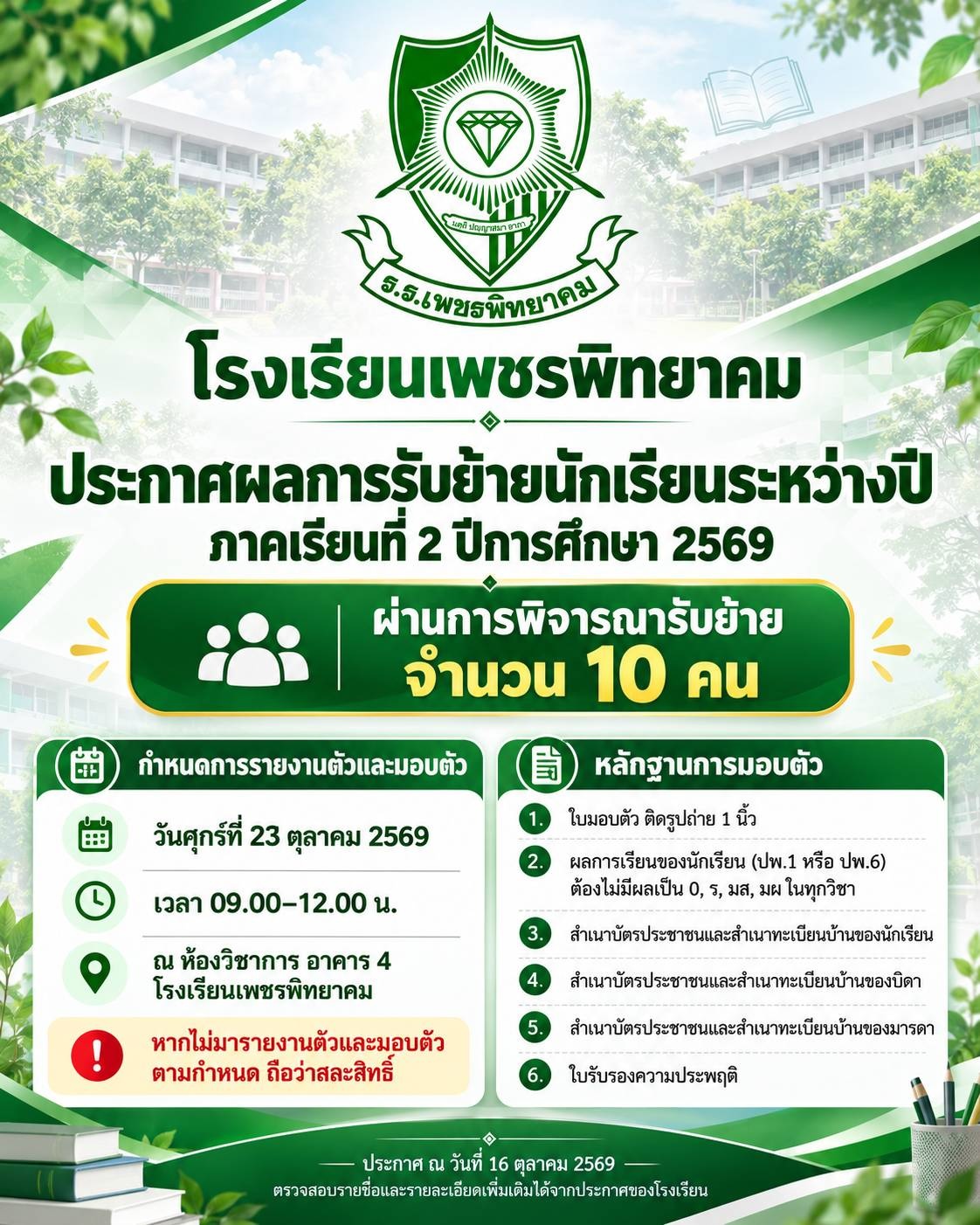 โปสเตอร์ประกาศผลสอบรับย้ายนักเรียน